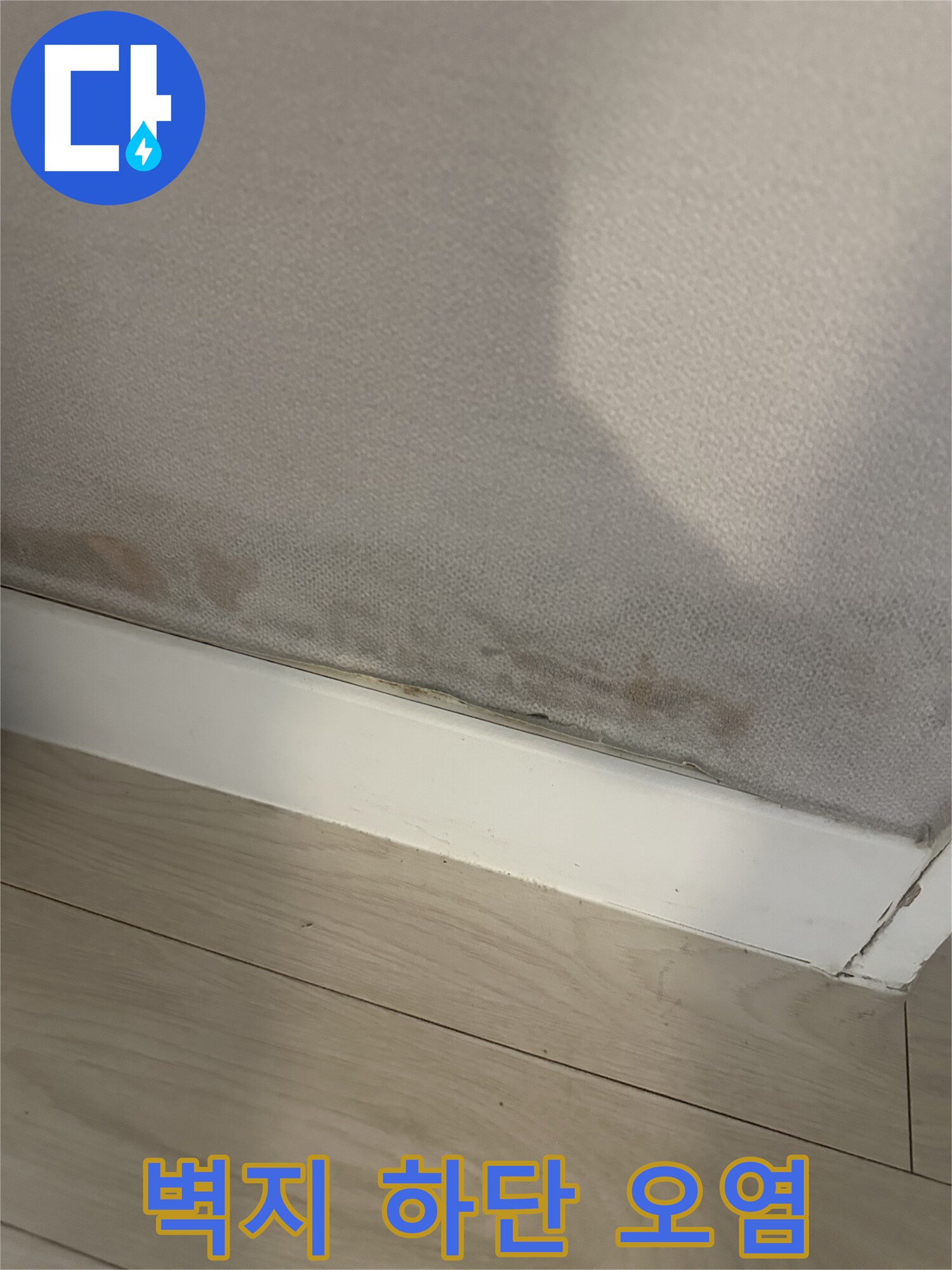 벽지 하단부에 발생한 습기 침투와 곰팡이 흔적 사진