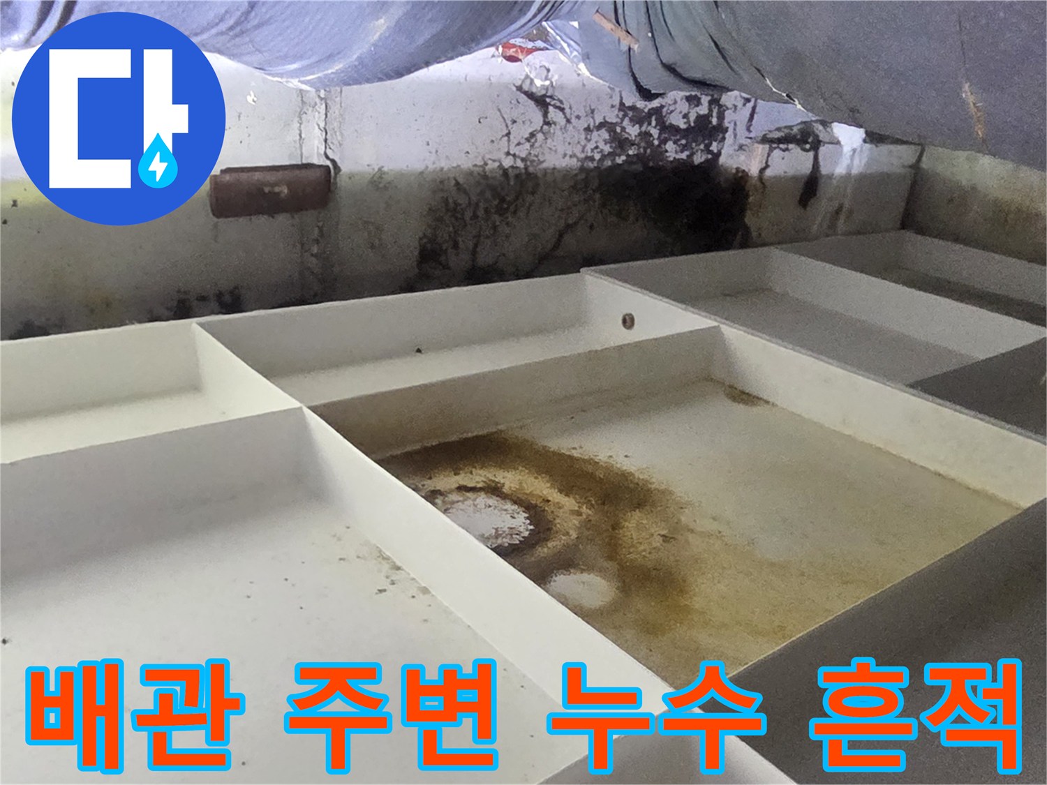 배관 하단-축축하게 젖어있는 보온재와 오염된 자재
