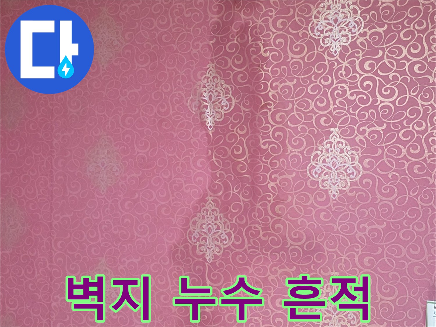 분홍색 천장 벽지에 발생한 갈색 물자국