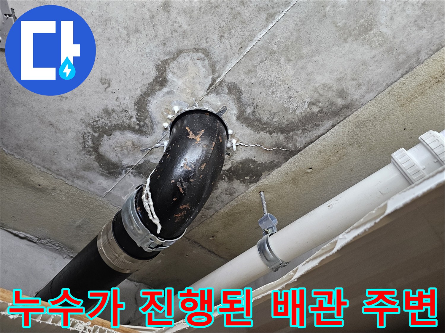 물자국이 넓게 퍼진 천장과 하수 배관