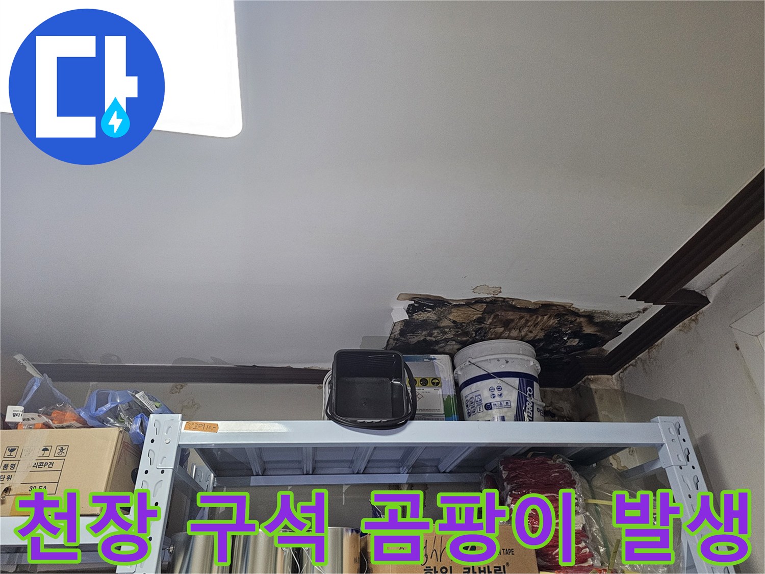 습기로 인해 곰팡이가 피어오른 천장 모서리 부분
