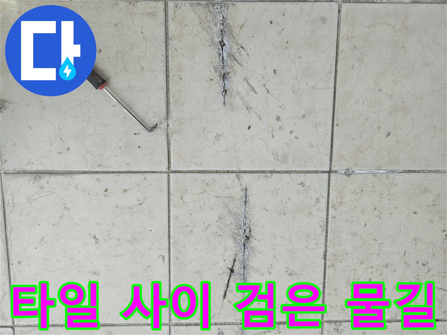 검게 변색된 타일 줄눈과 미세 균열의 모습