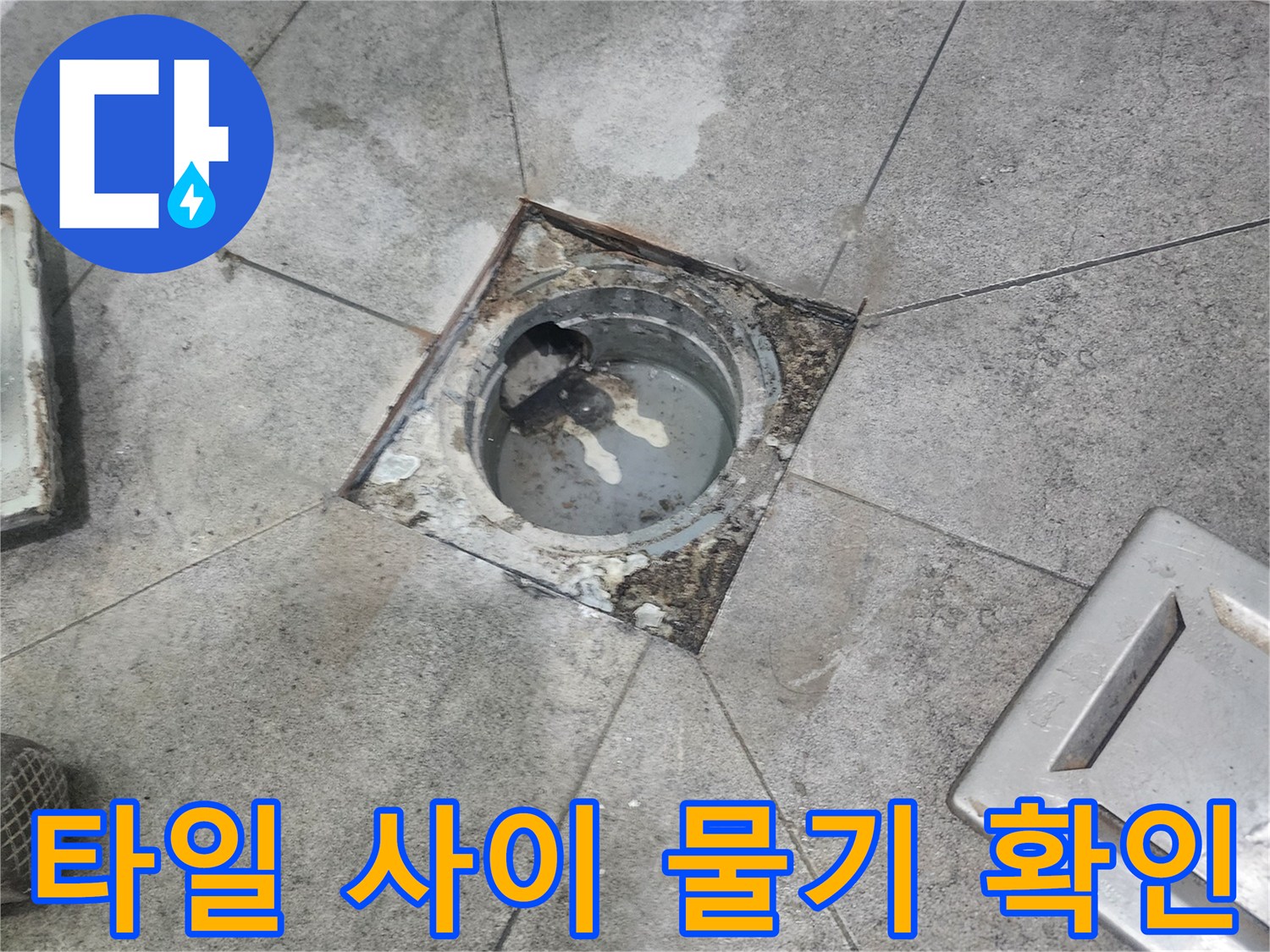 누수 탐지 중-발견된-배수구 주변의-젖은-타일과-오염된-모습