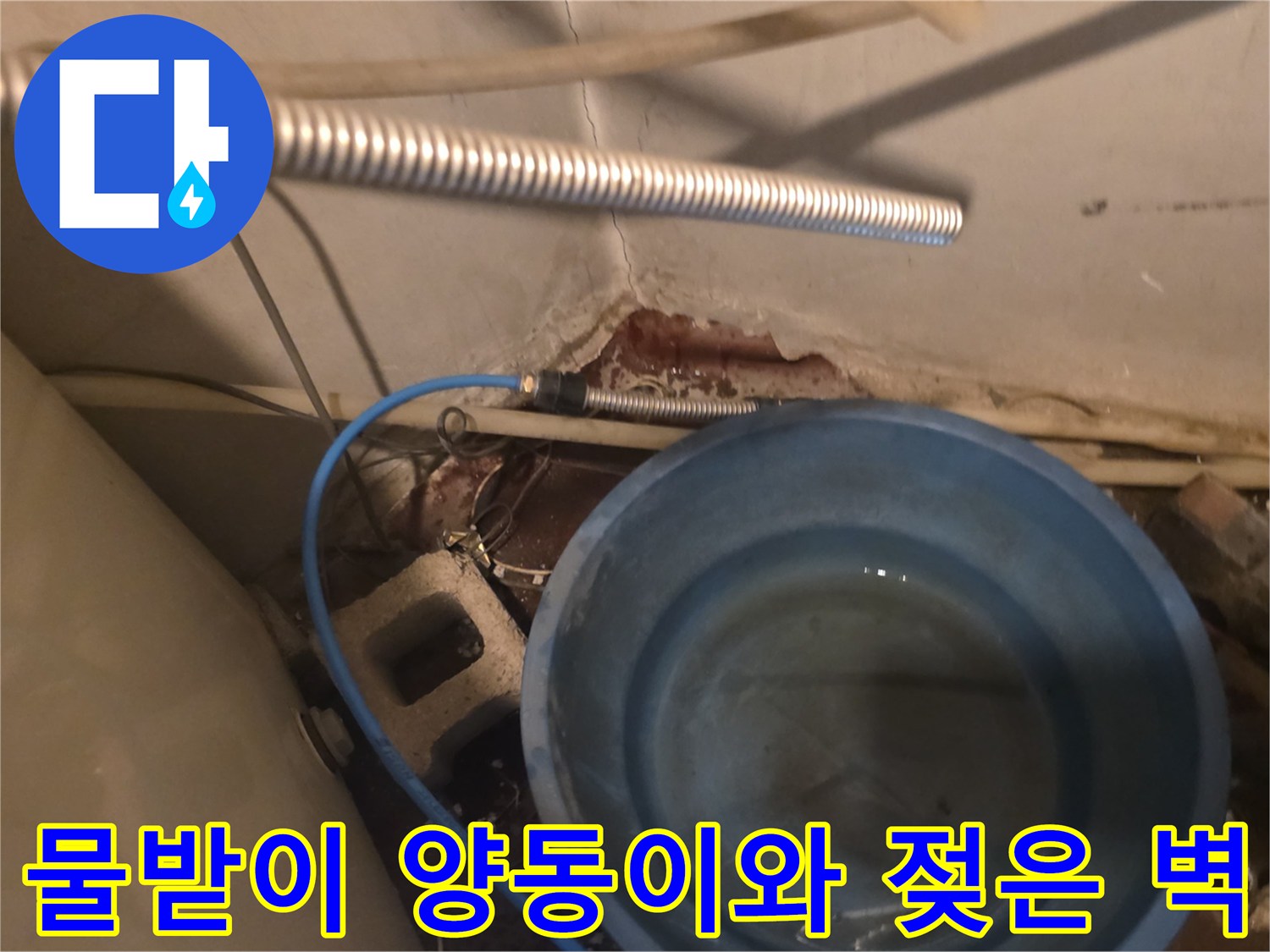 배관 아래 물을 받치고 있는 파란색 통과 젖은 벽면