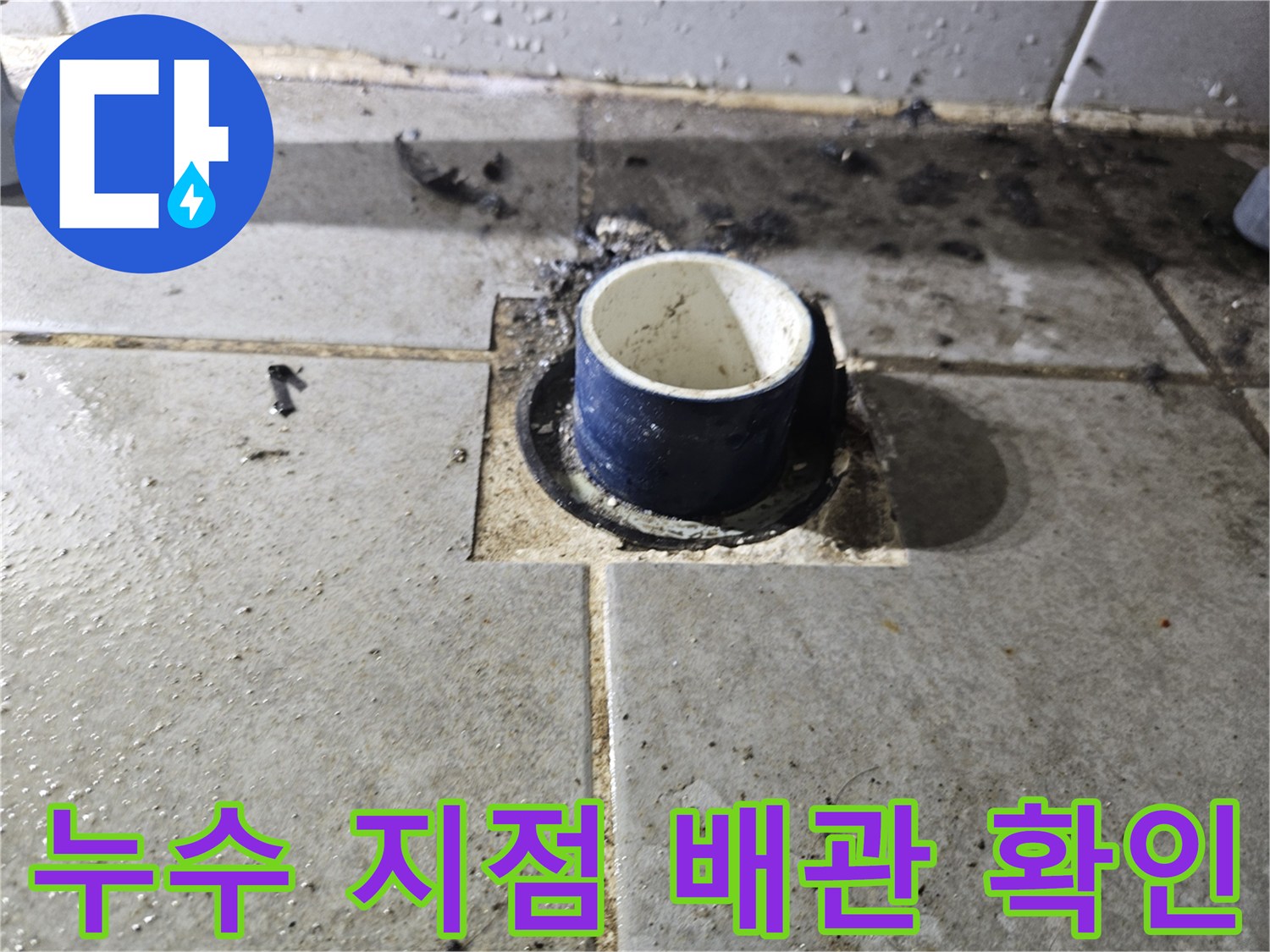 타일 사이로 노출된 파란색 급수 배관