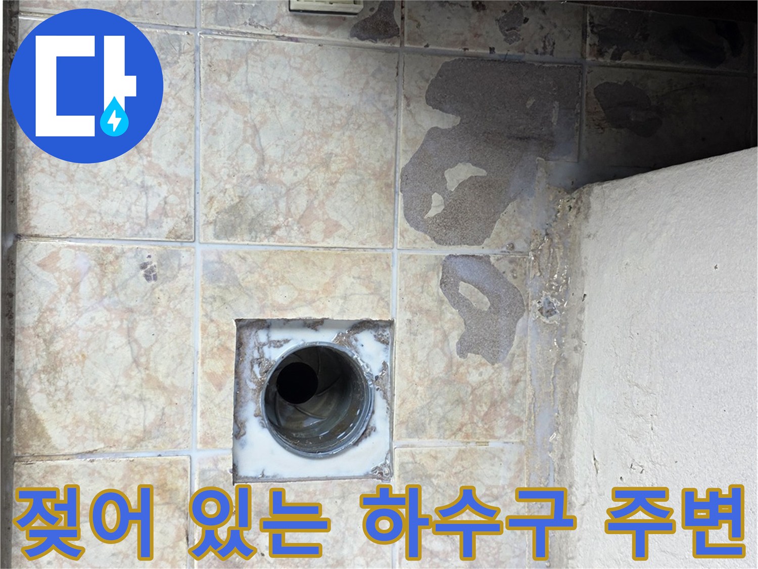 배수구 주변의 짙은 물자국과 습기 상태