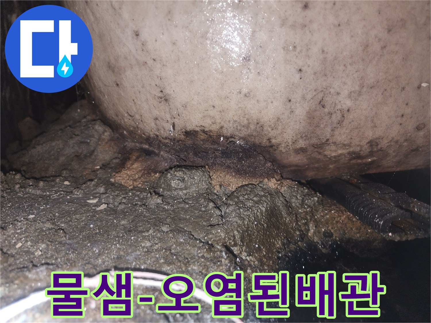 누수로 인해 배관 하부의 시멘트가 부식되고 곰팡이가 번식한 모습