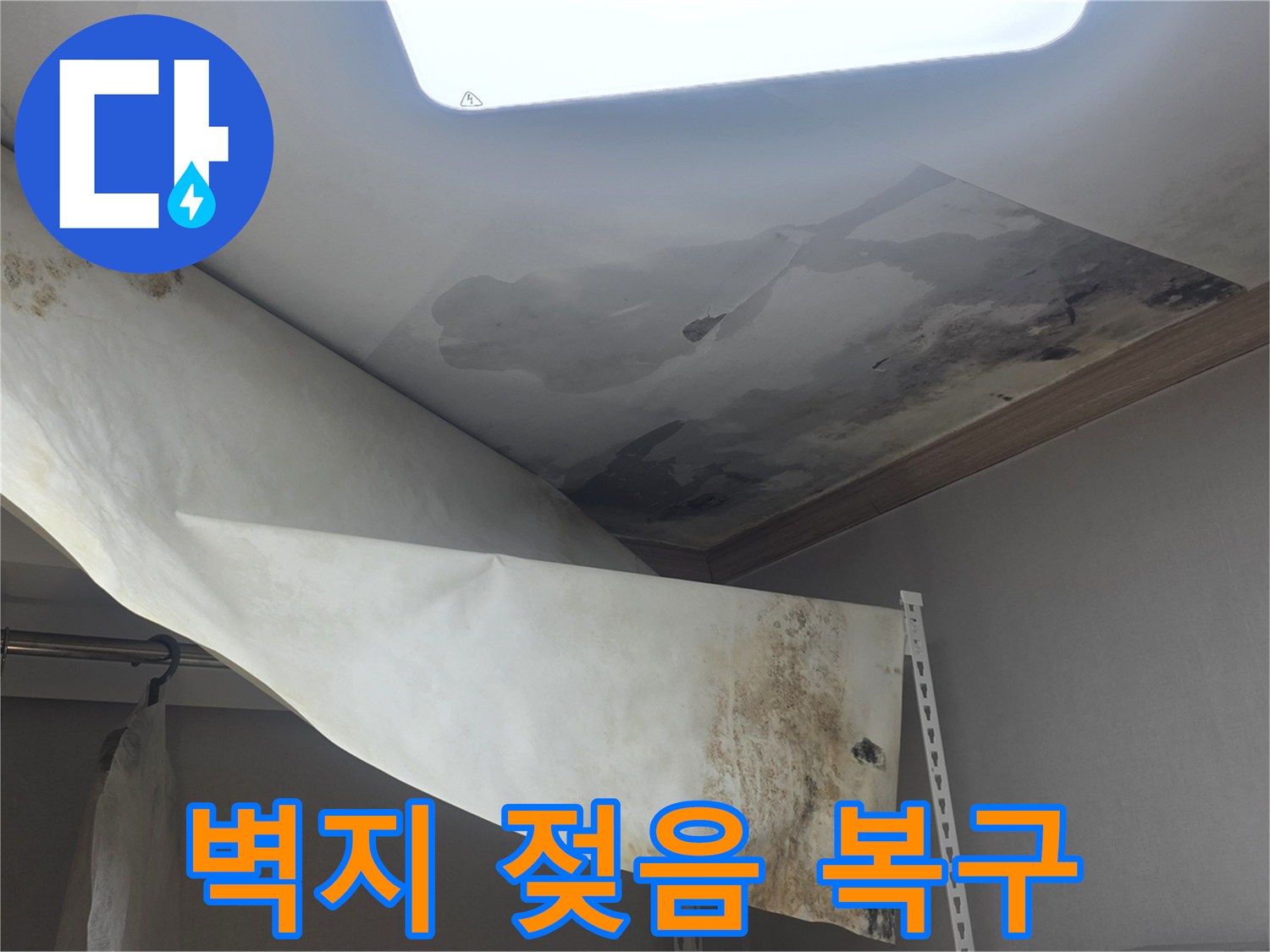 천장 벽지가 물에 젖어-심하게 손상되고-곰팡이가 번식한-누수 피해 현장입니다