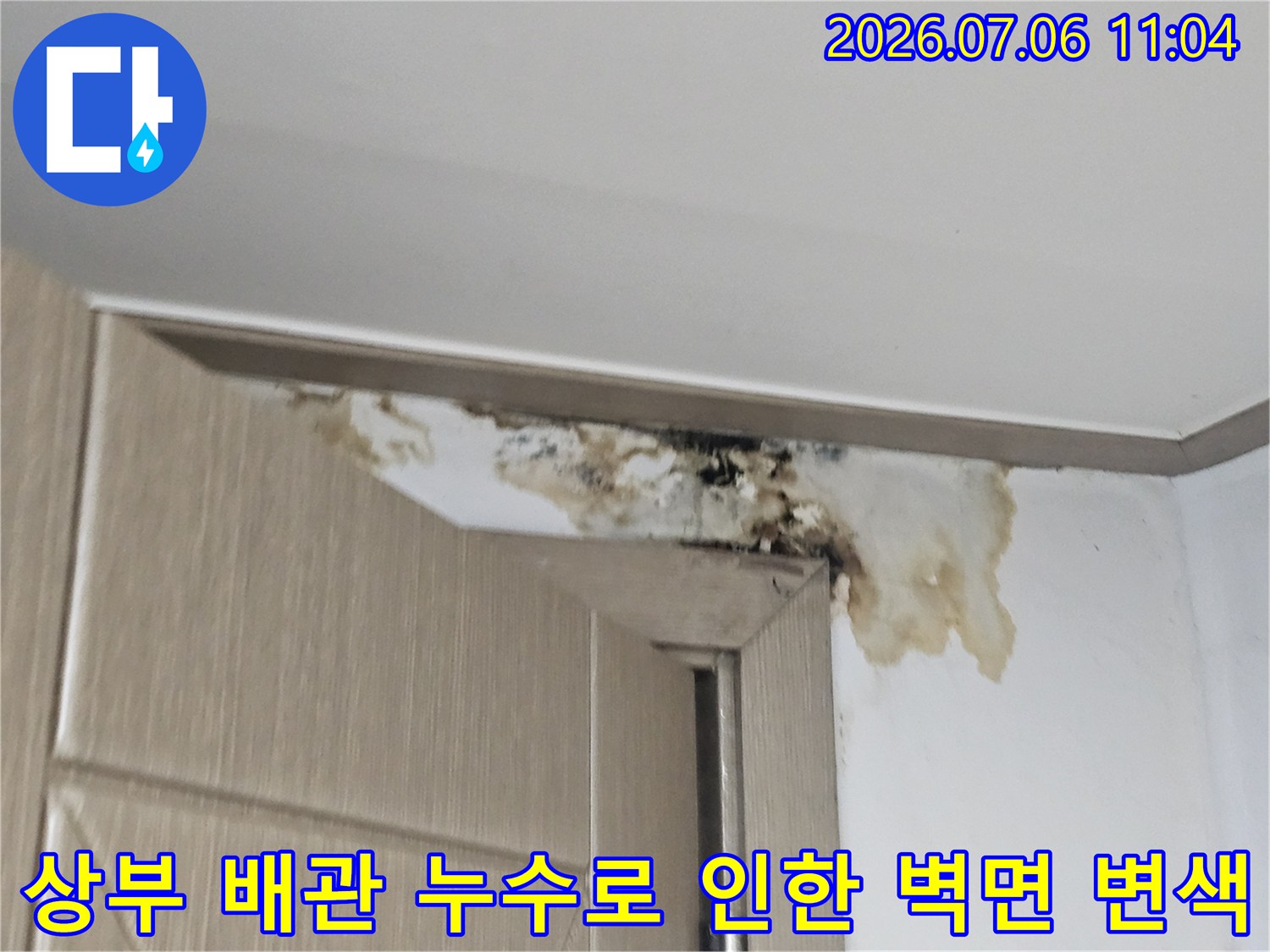 벽면과 천장의 접합부에 발생한 짙은 갈색의 물자국과 오염 부위
