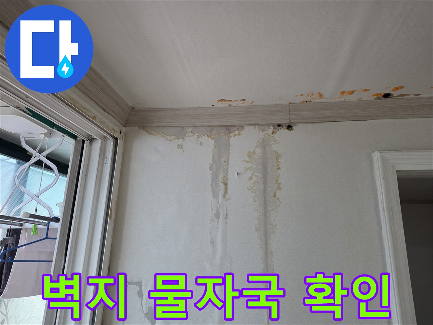 천장 몰딩 아래-번진 얼룩과 젖은 벽지 상태