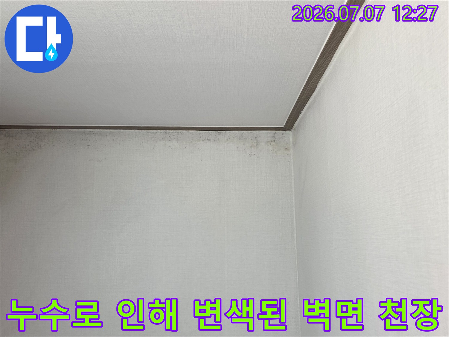 누수가 발생한 지점의 천장과 벽면을 촬영한 기록 사진