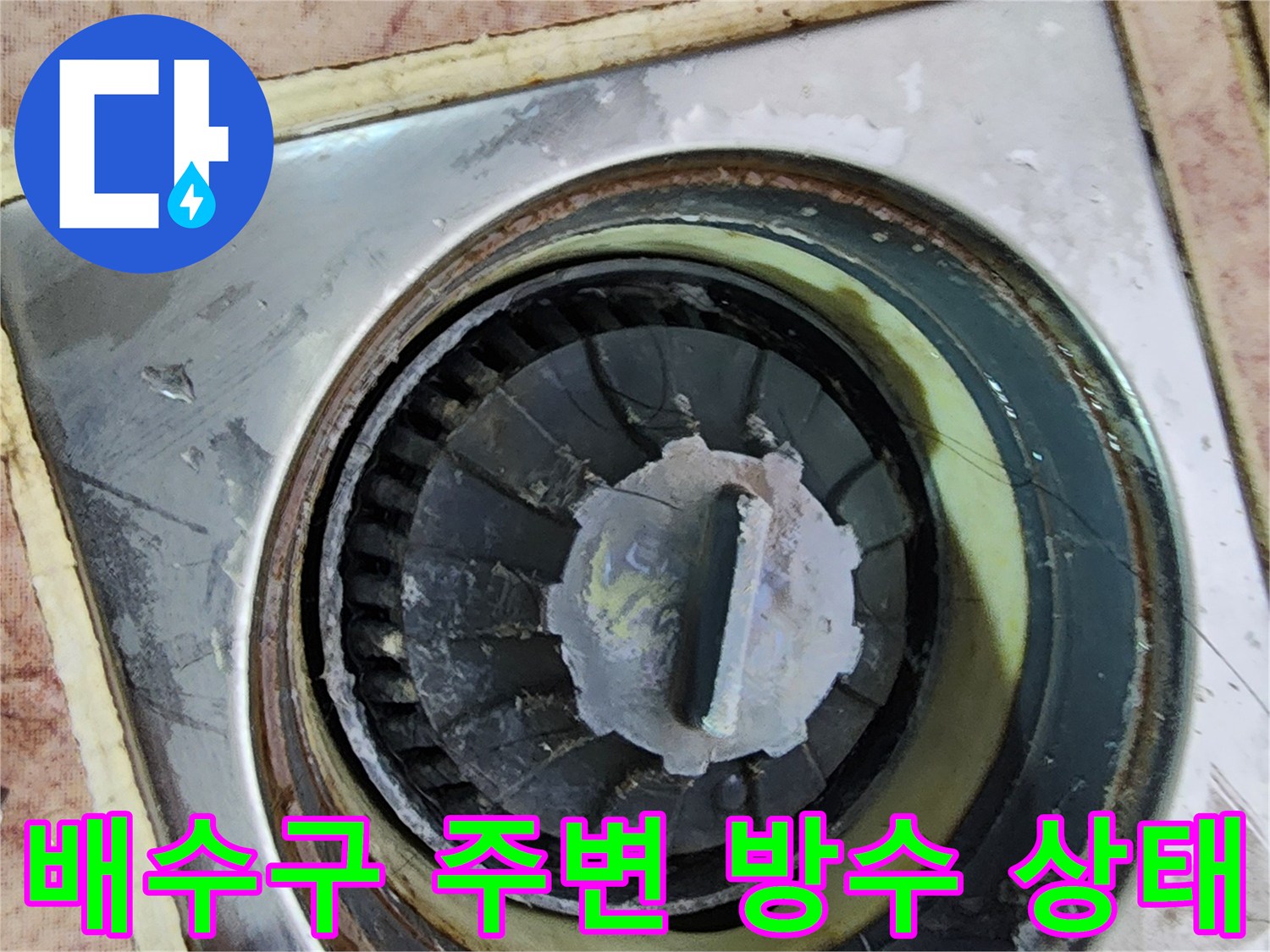 용인 운학동 현장-배수구 주변 타일 틈새와 드레인 상태
