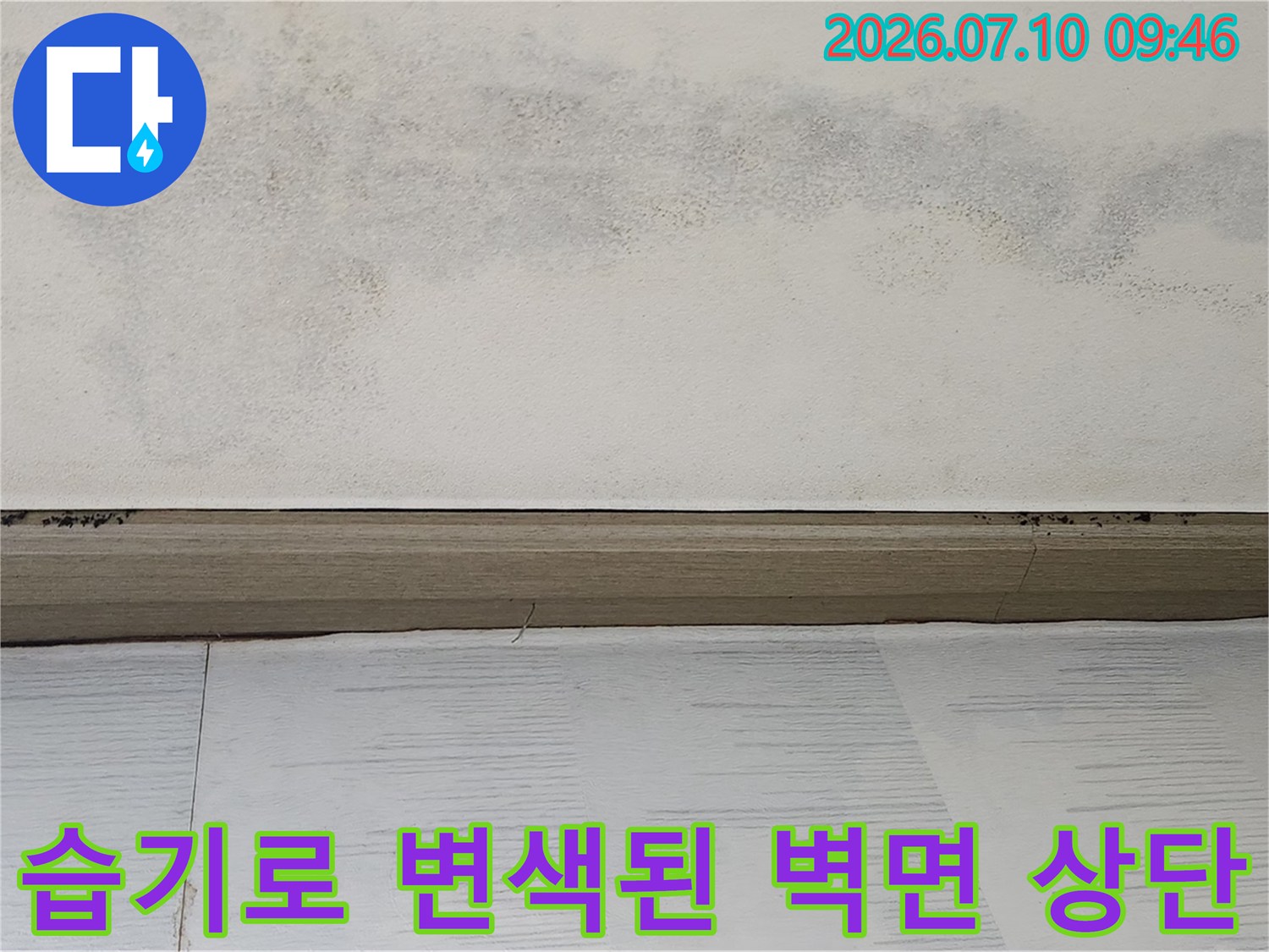 곰팡이와 누수 흔적으로 인해 얼룩진 천장과 벽지 연결부