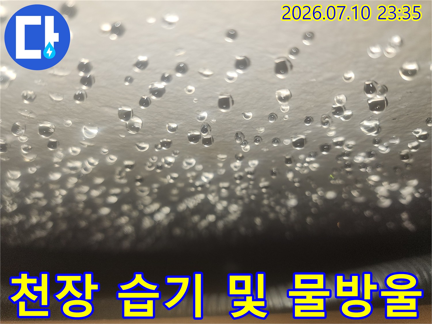 천장 마감재 위로 맺힌 물방울과 누수 진행 상태