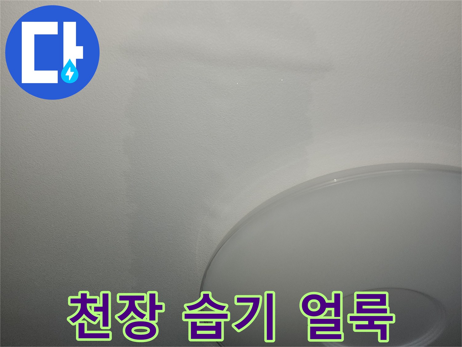 아파트 천장 조명 주변의 넓은 물자국과 젖은 벽지