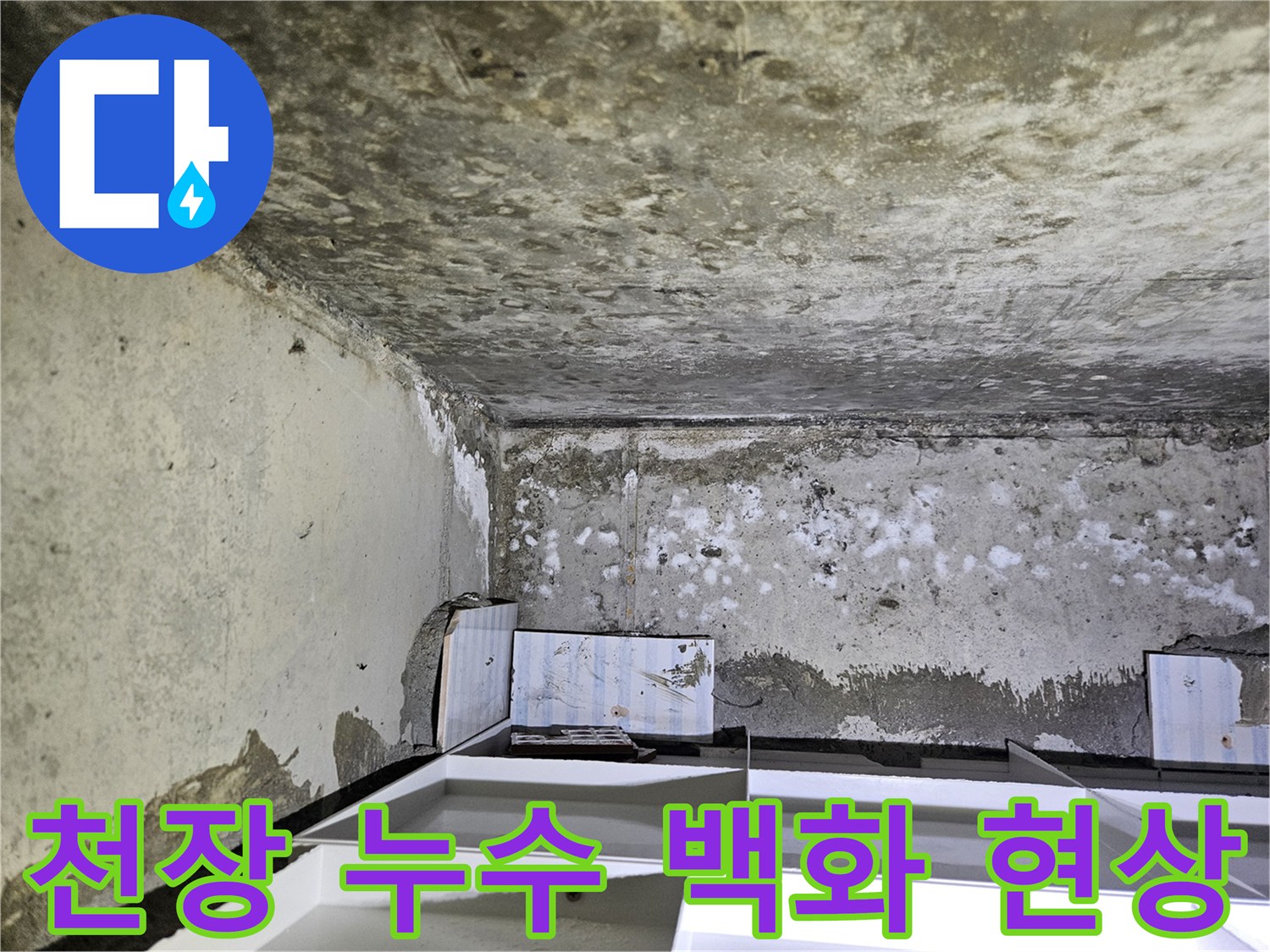 물샘으로 인해 변색된 천장 마감재 부위