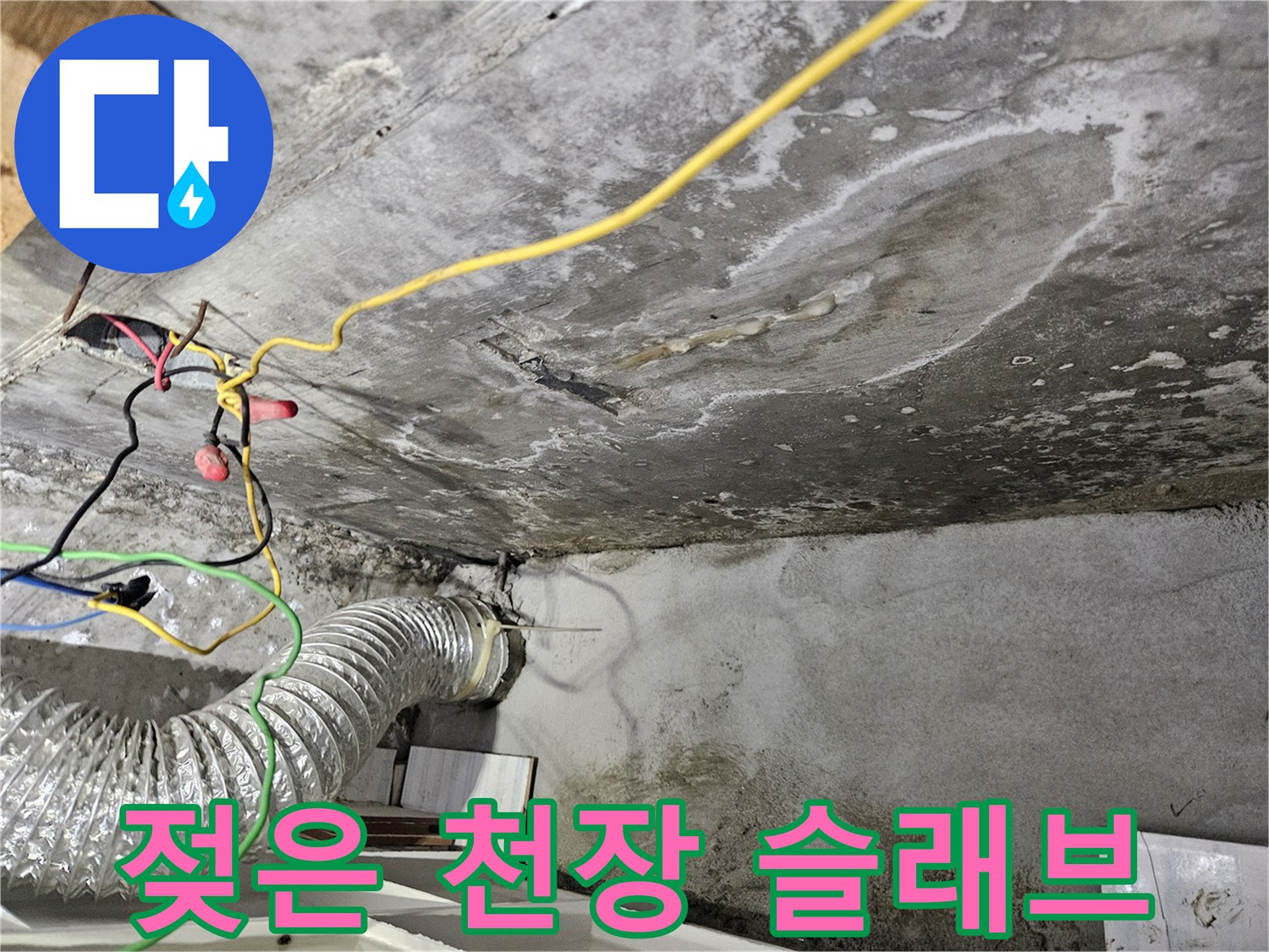 물샘으로 인해 젖고 하얗게 변한 천장 내부 모습