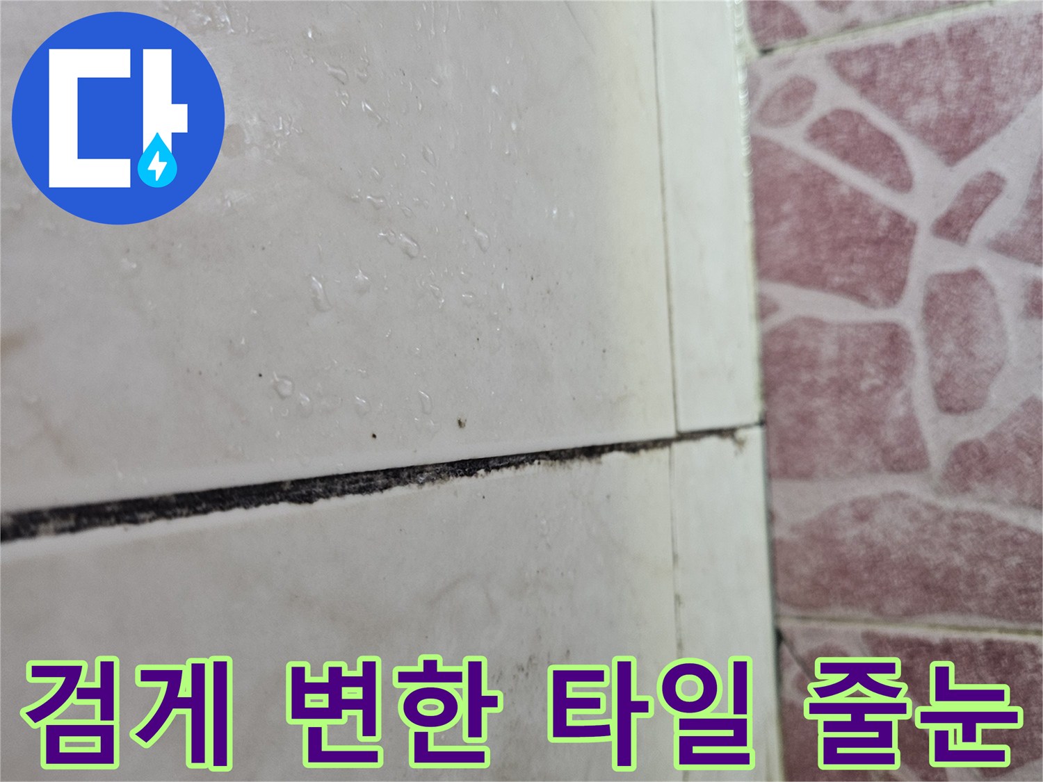 타일 접합부의 검은색 오염과 습기 침투 흔적