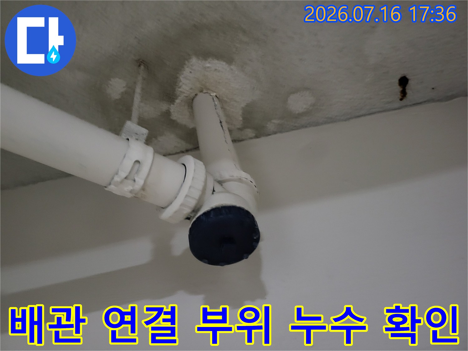 천장 배관 트랩과 소켓 부위의 누수 흔적 점검 모습