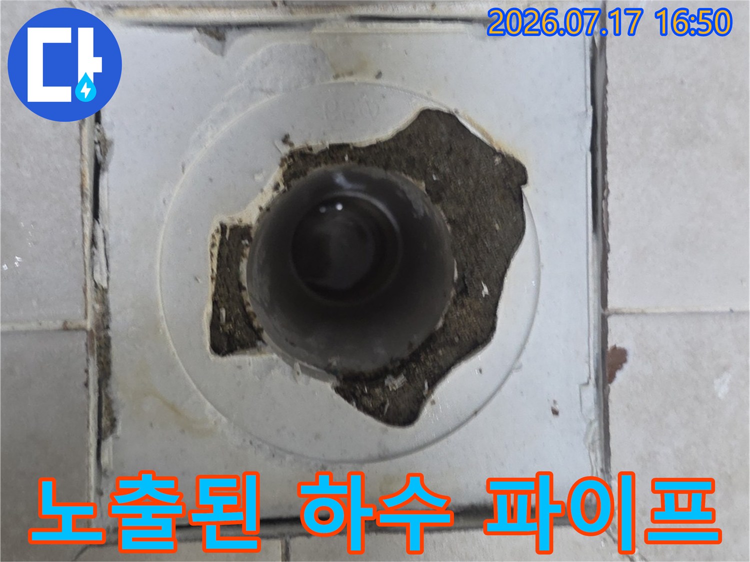배수구 주변 타일 마감재 손상 부위 촬영