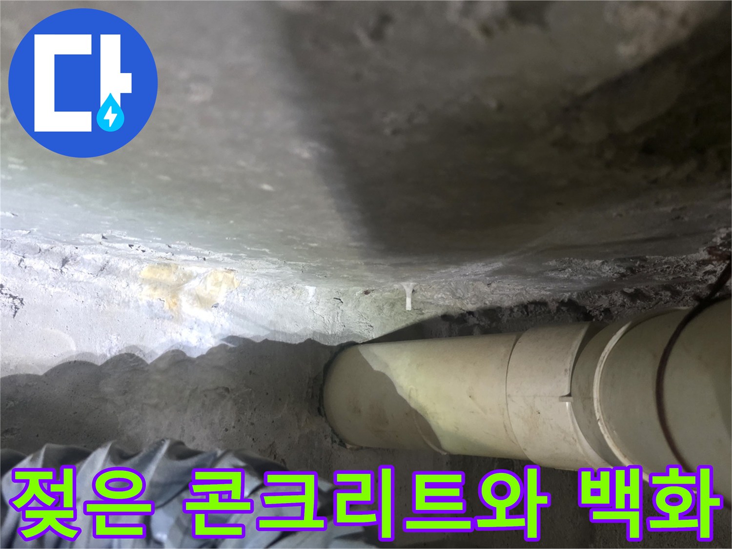 축축하게 젖은 천장 슬라브와 하얀 석회 자국 사진
