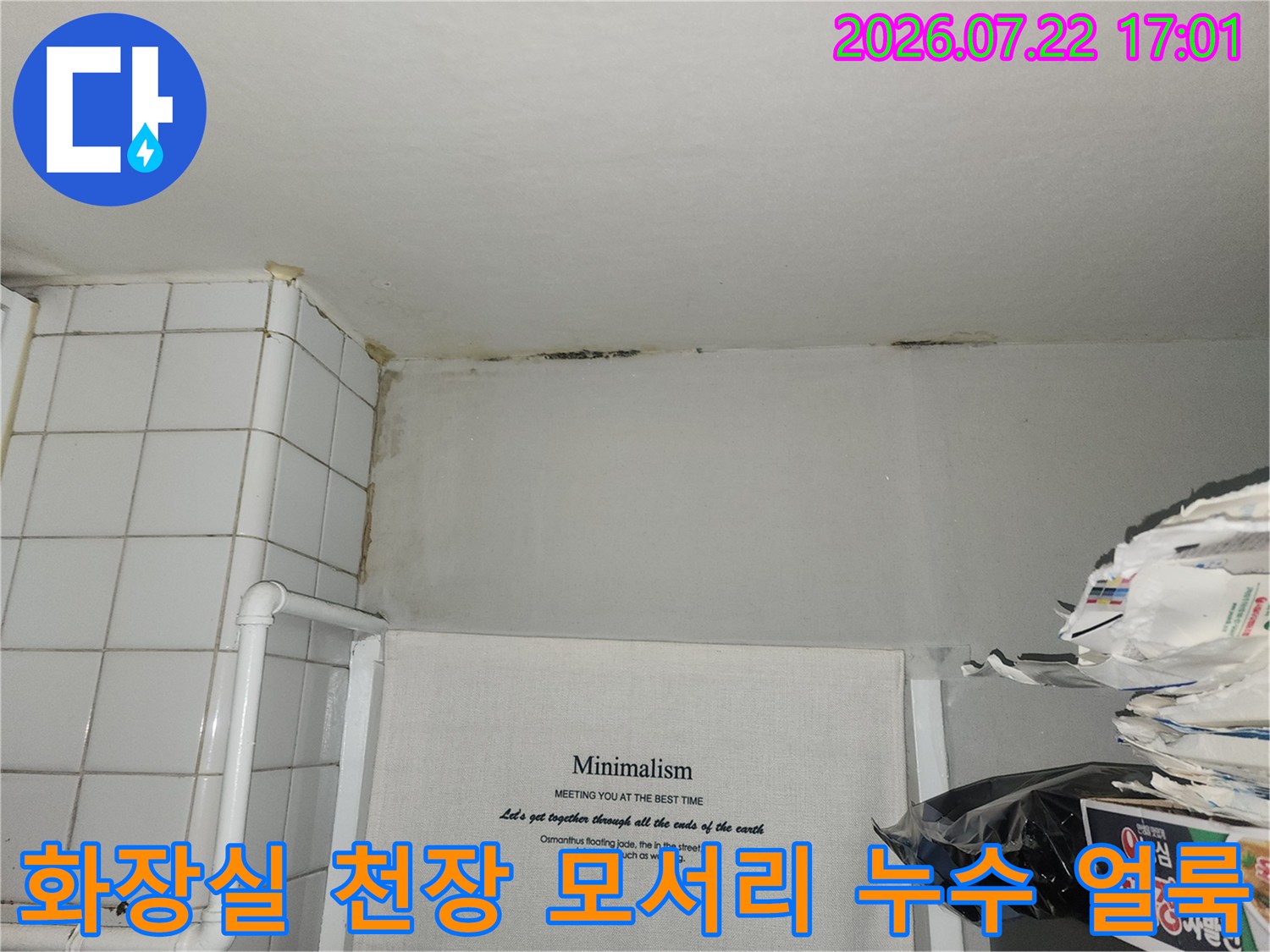 천장 끝부분의 습기 곰팡이성 오염과 노출 배관 확인