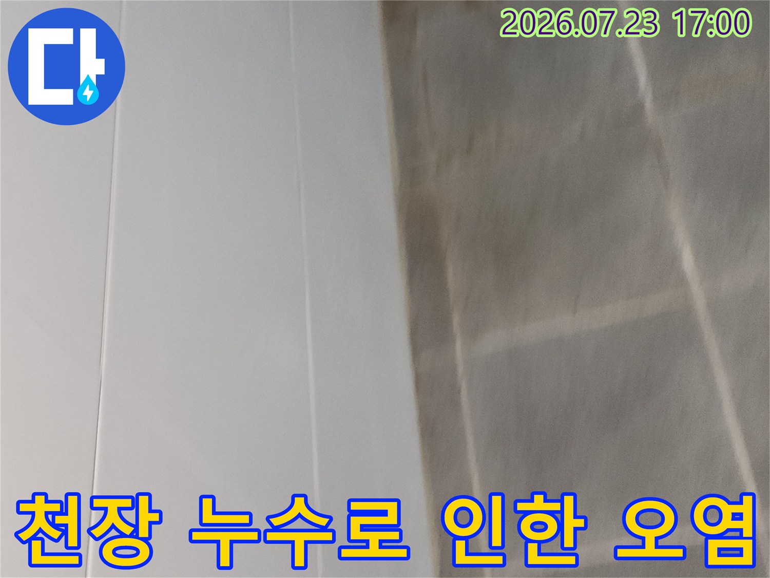 물샘 현상으로 인해 거실 천장이 젖어 색이 변하고 얼룩진-모습