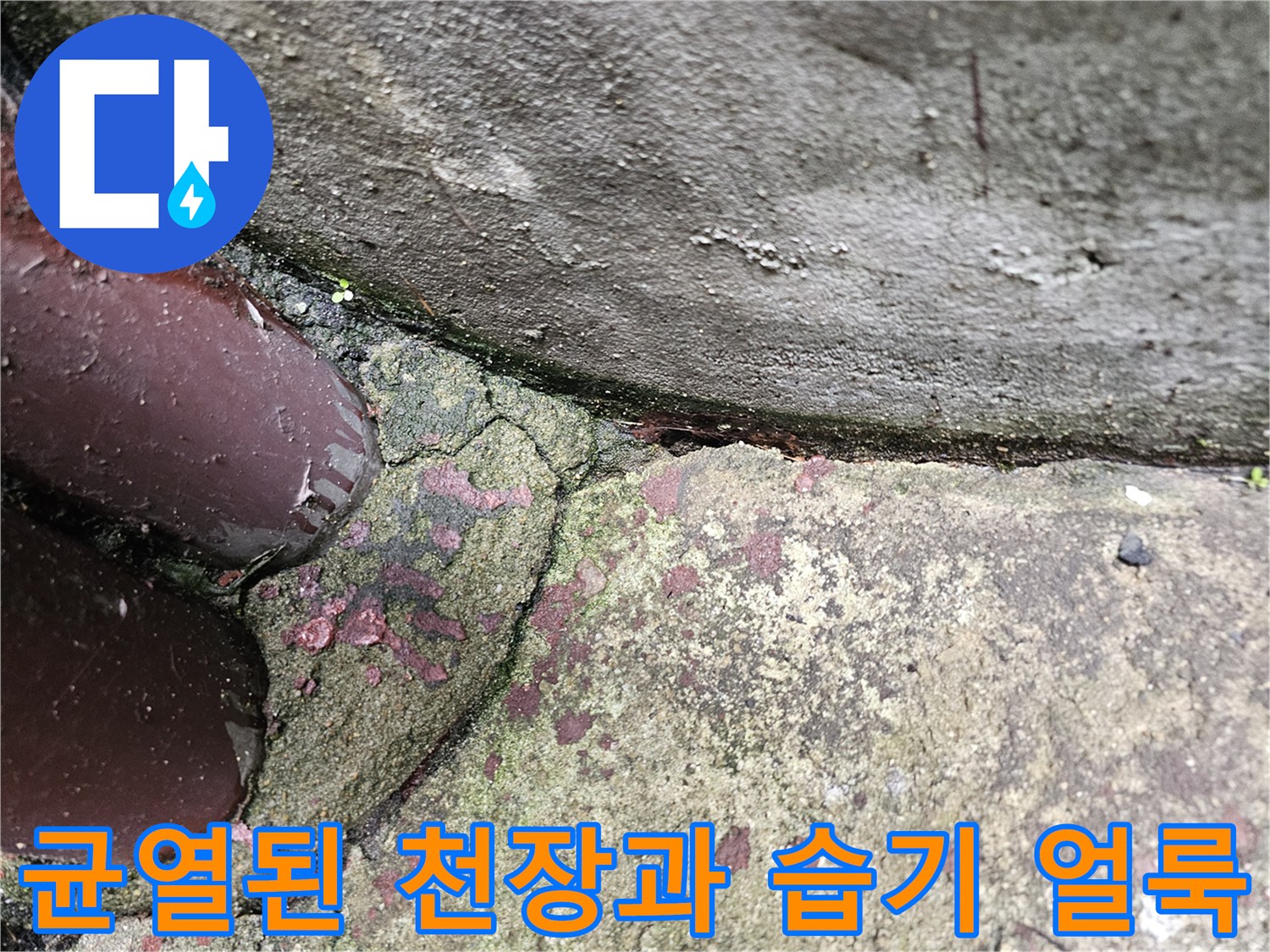 습기로 인해 변색되고-갈라진 천장 마감재 부위