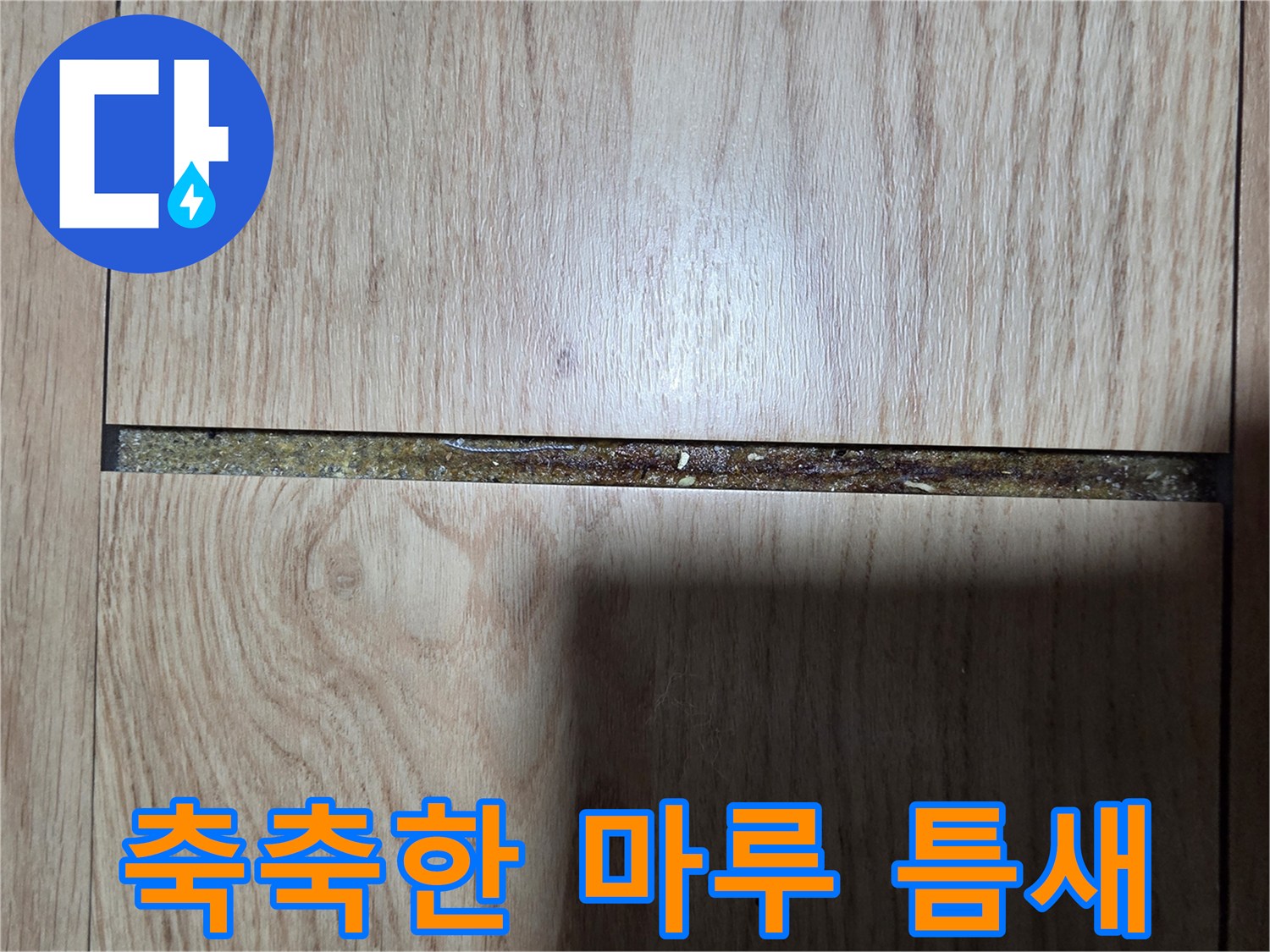 마루 사이 틈새에 침투된 수분과 변색 부위