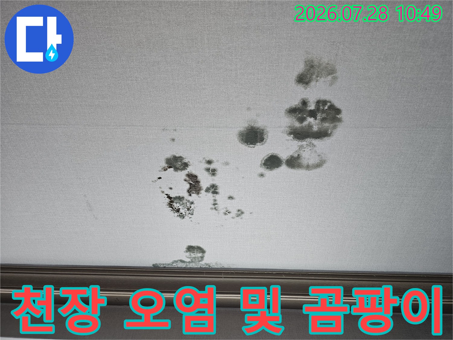거실 천장 마감재에 나타난 어두운 색의 물자국과 오염