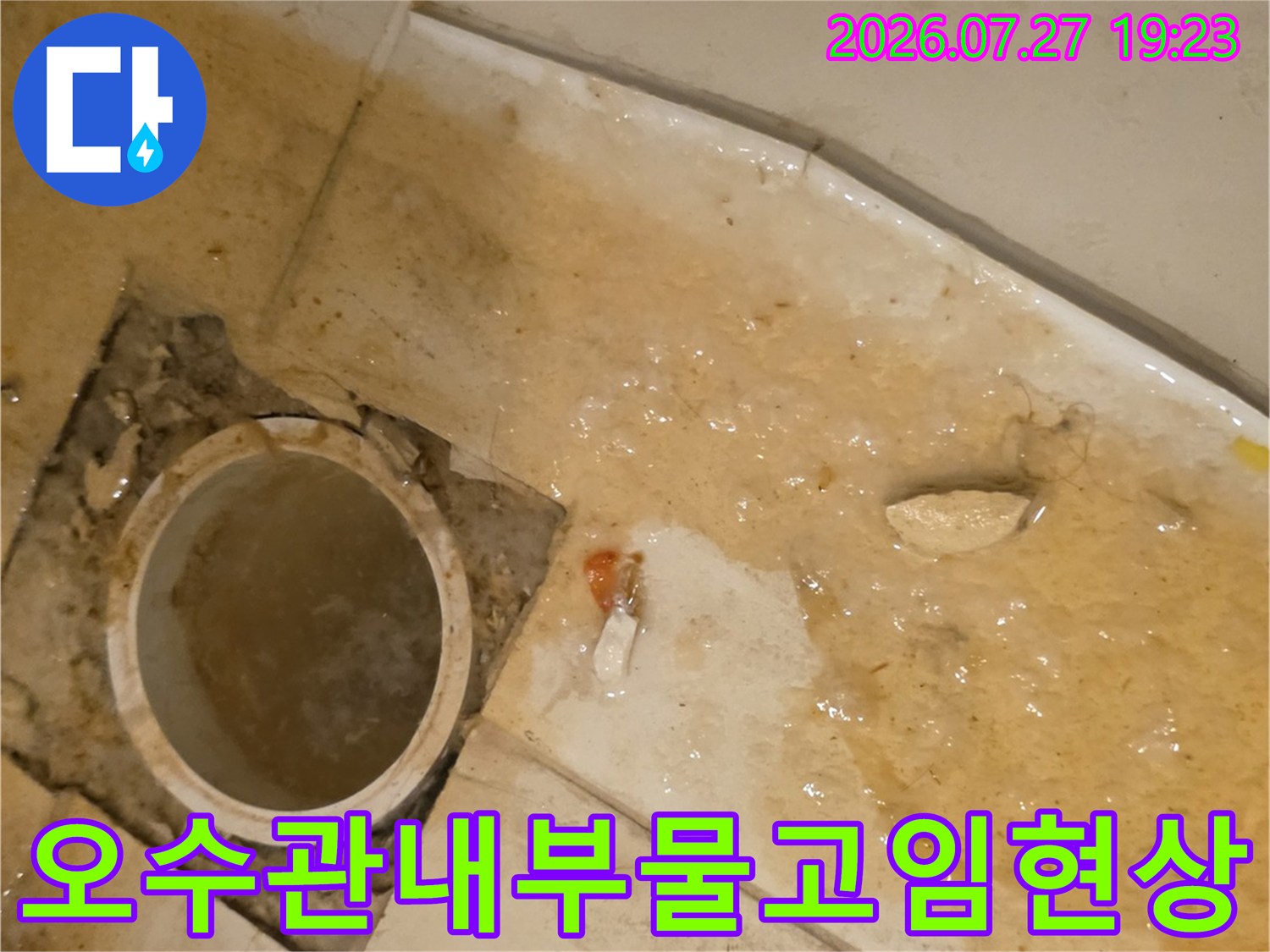 찌꺼기가 섞인 물이 역류하여 고여 있는 원형의 오수관 입구 사진