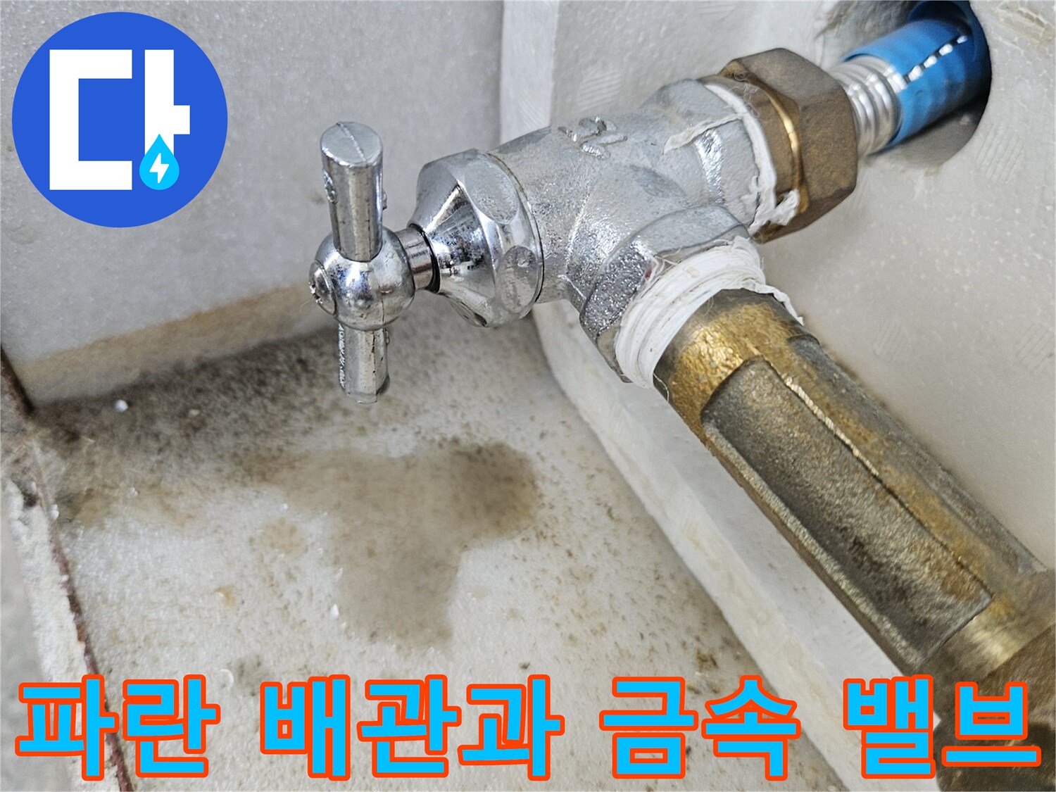 벽면에서 나온 파란색 관과 수전 연결 부위 상세 사진