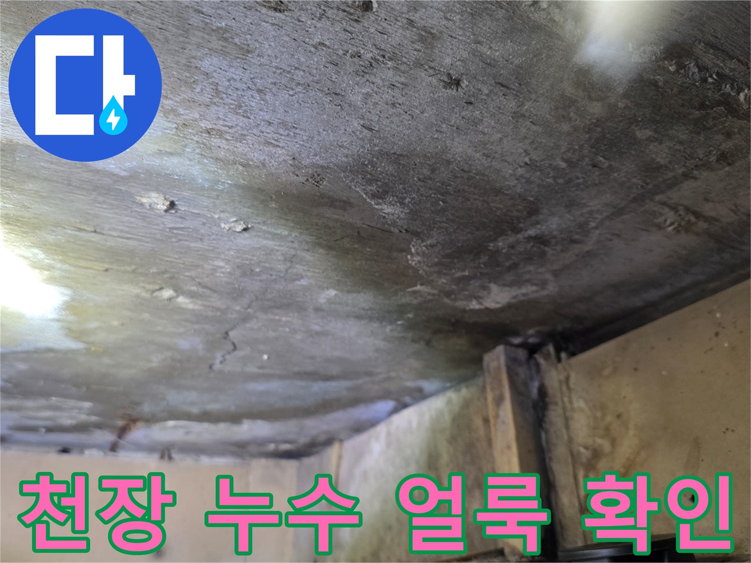 배관 누수로 인해 천장에 발생한 물자국과 변색 부위