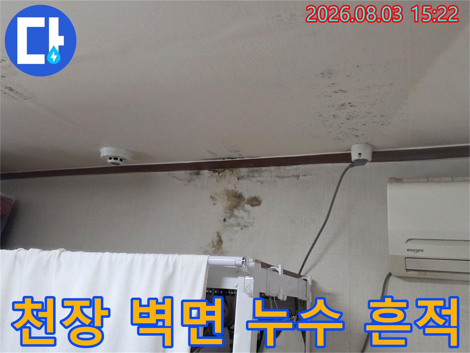 천장과 벽면에 발생한 물때와 곰팡이 얼룩 현장