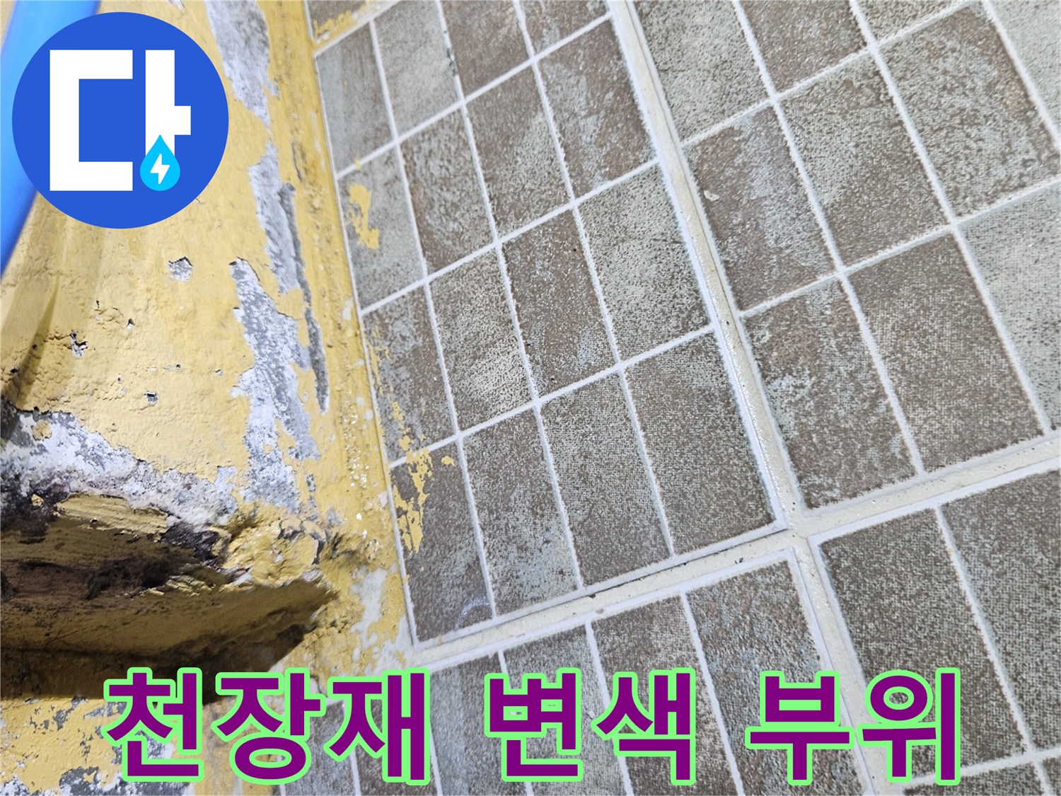 물샘으로 인해-변색된 천장 패널