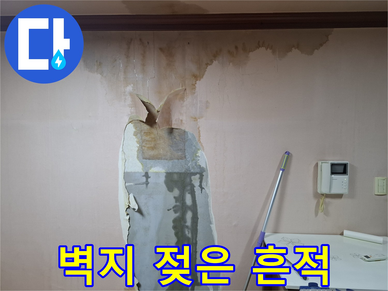 천장 몰딩 아래쪽으로 번진 습기 및 얼룩