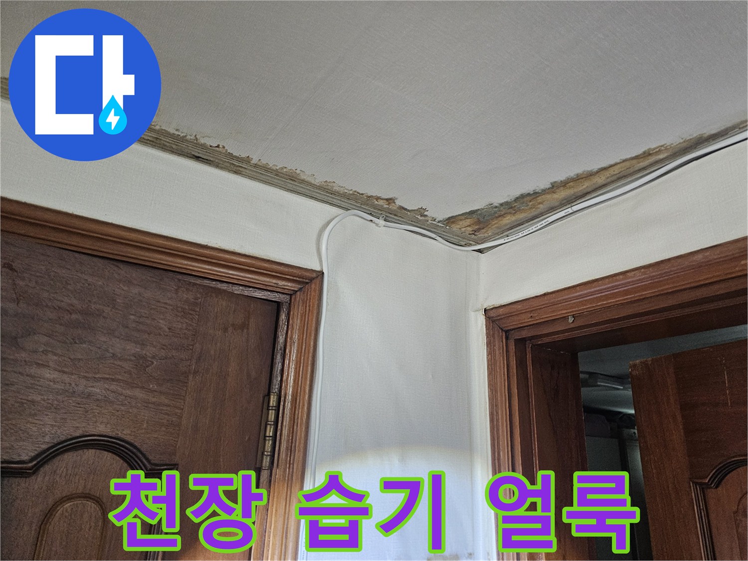 천장과 벽면 사이의 젖은 자국 및 균열 부위