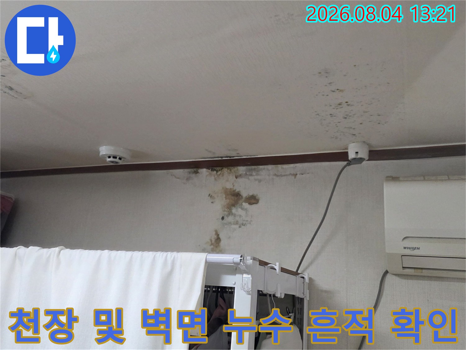 벽과 천장의 경계 부분에 발생한 누수 얼룩과 곰팡이 증상을 찍은 사진