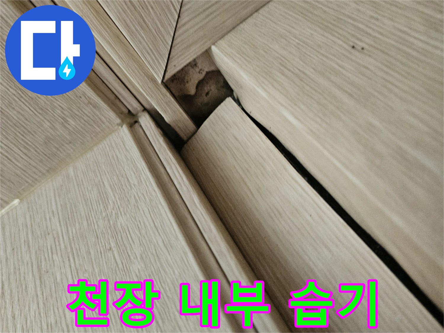 천장 마감재 사이-물기가 스며든 흔적 발견