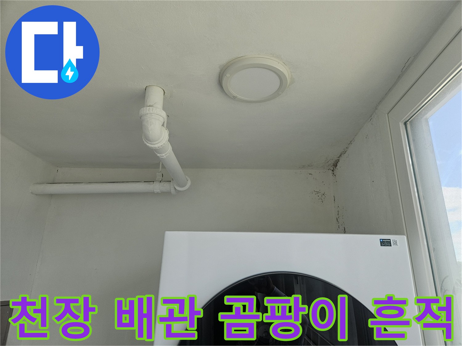 흰색 천장 배관 근처의 곰팡이 오염 부위