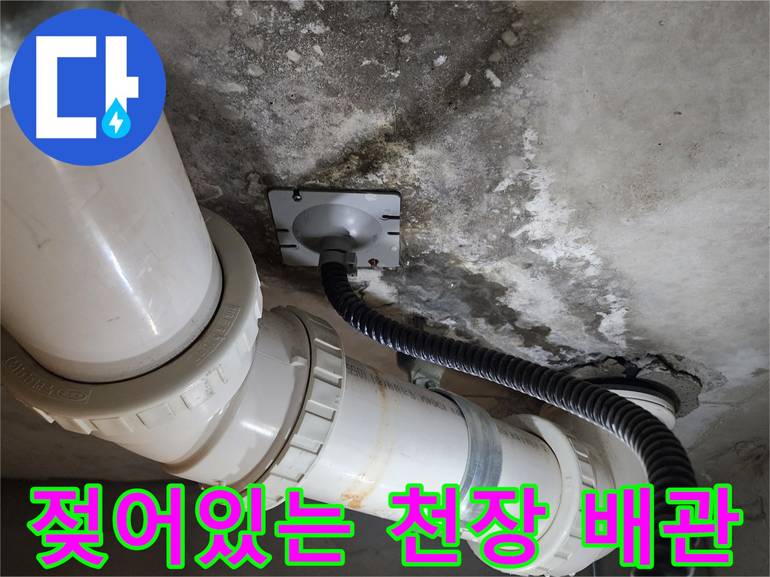 누수로 인해 오염된 천장 배관 주변 상황