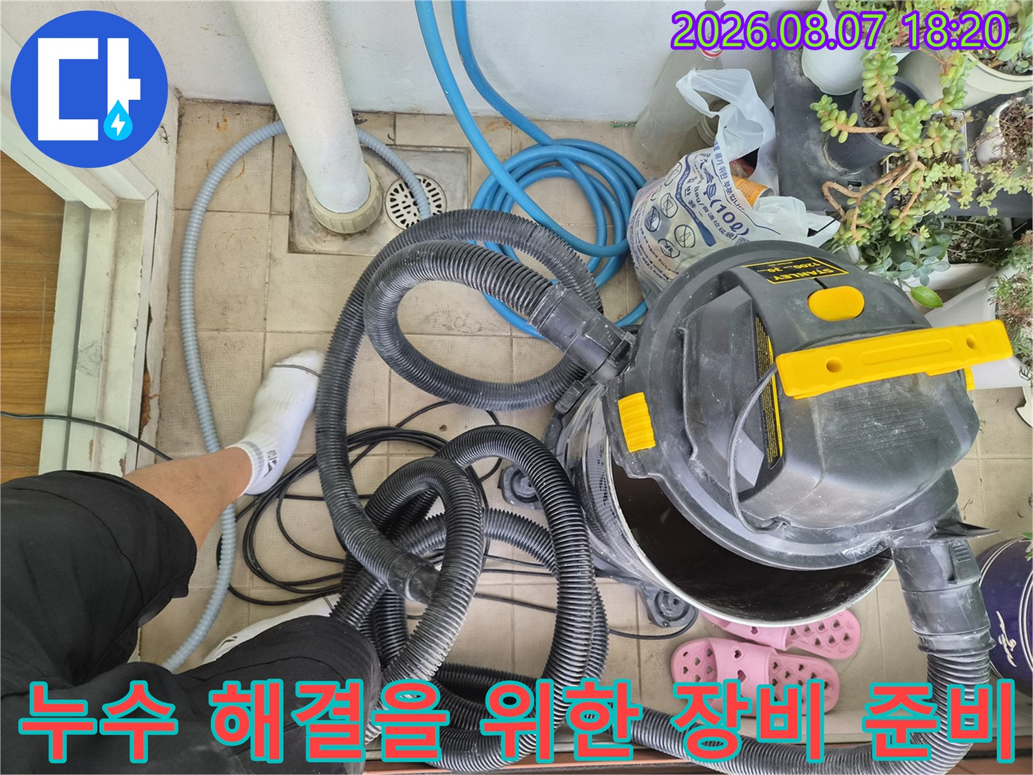 검은색 배관 호스와 파란색 호스가 얽혀 있는 작업 현장 모습입니다.