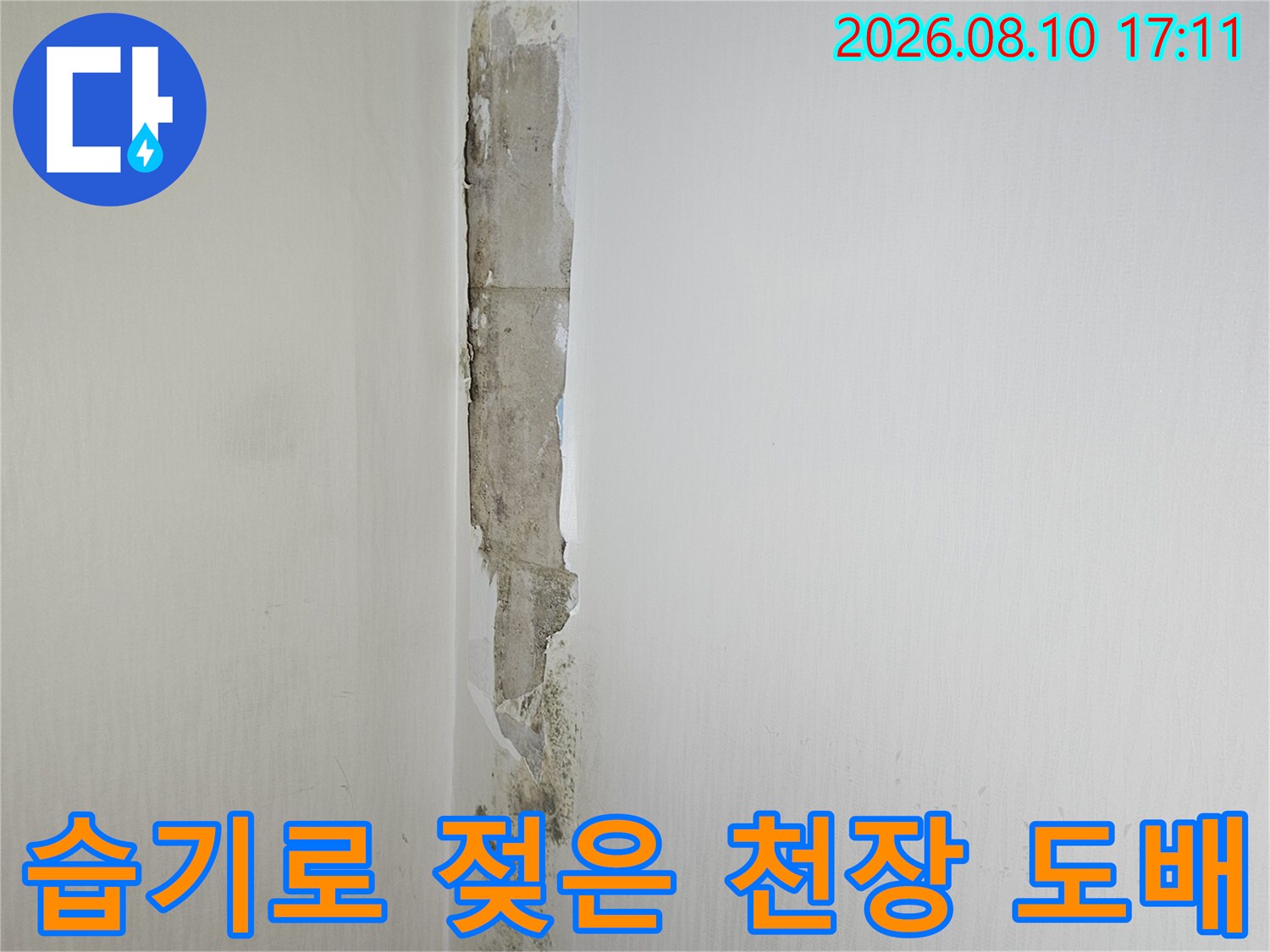 물침투로 인해 벗겨지고 얼룩진 화장실 천장 마감 부위
