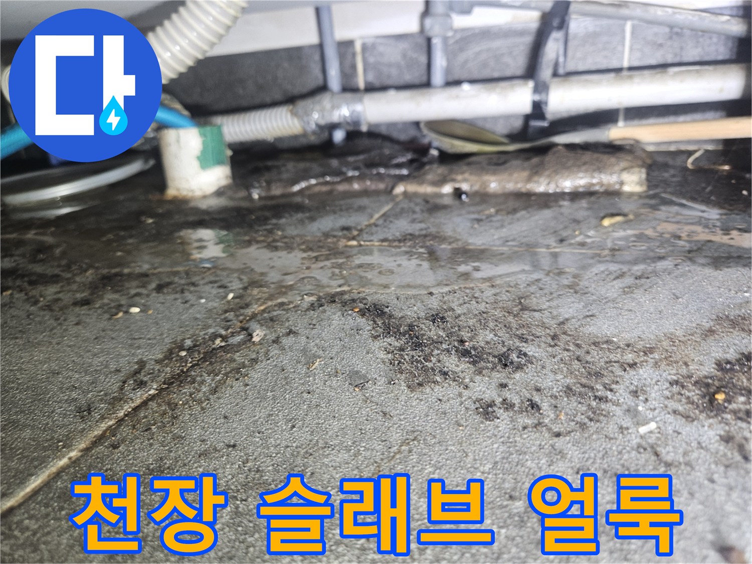 물샘 흔적이 남은 콘크리트 천장과 배관 구조