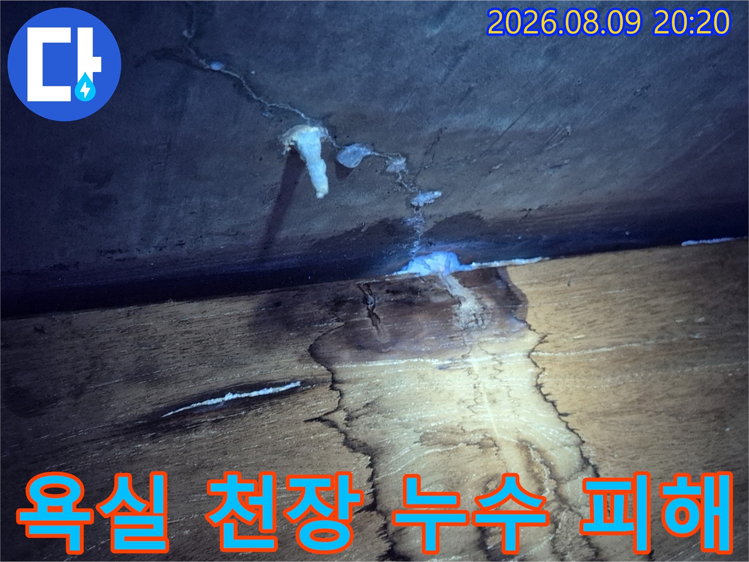 누수 흔적-물로 인해 얼룩지고 곰팡이가 생긴 천장 부위