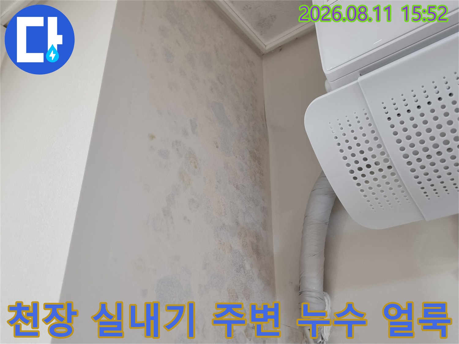 흰색 천장지 위에 푸른색과 회색으로 번진 곰팡이 자국-에어컨 배관 인근 오염
