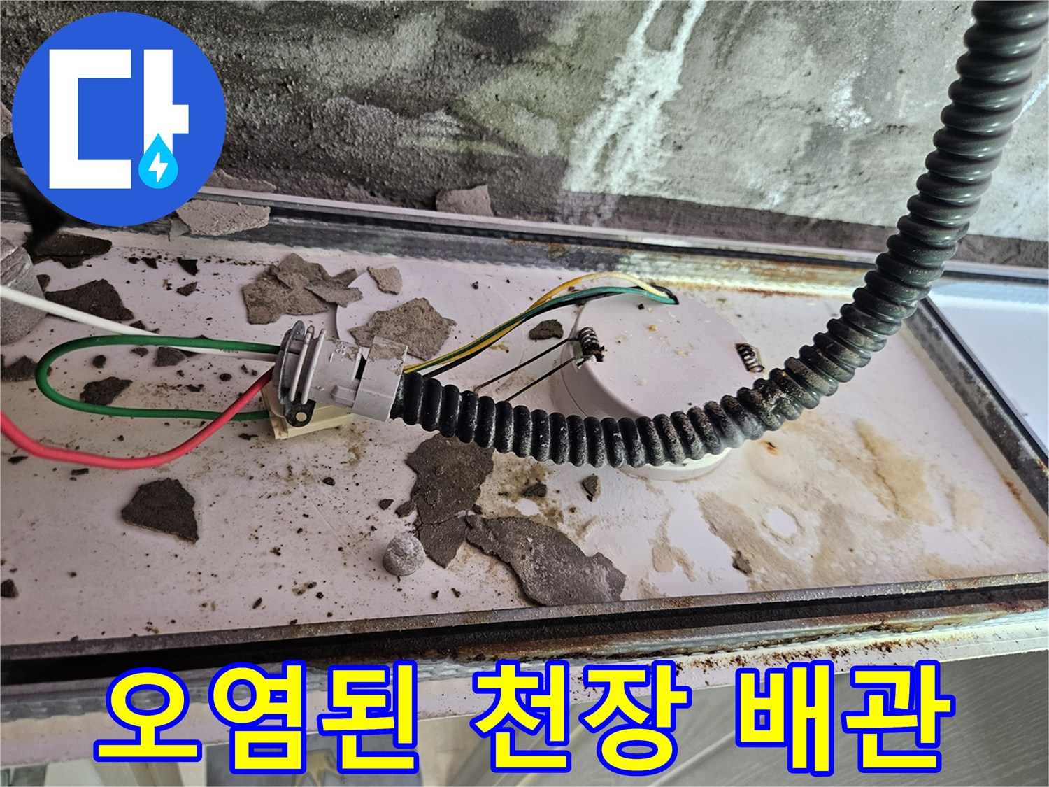 화장실 내부-젖은 천장 슬래브와 오염된 배관 연결부