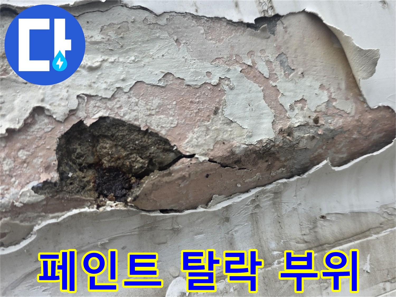 심하게 벗겨진 벽면 마감재 상태
