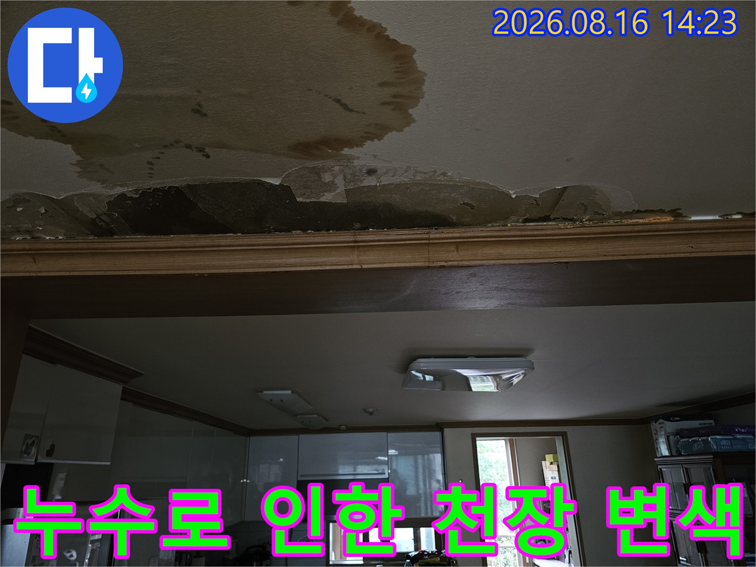갈색으로 변한 천장 얼룩과 젖은 마감재 부위