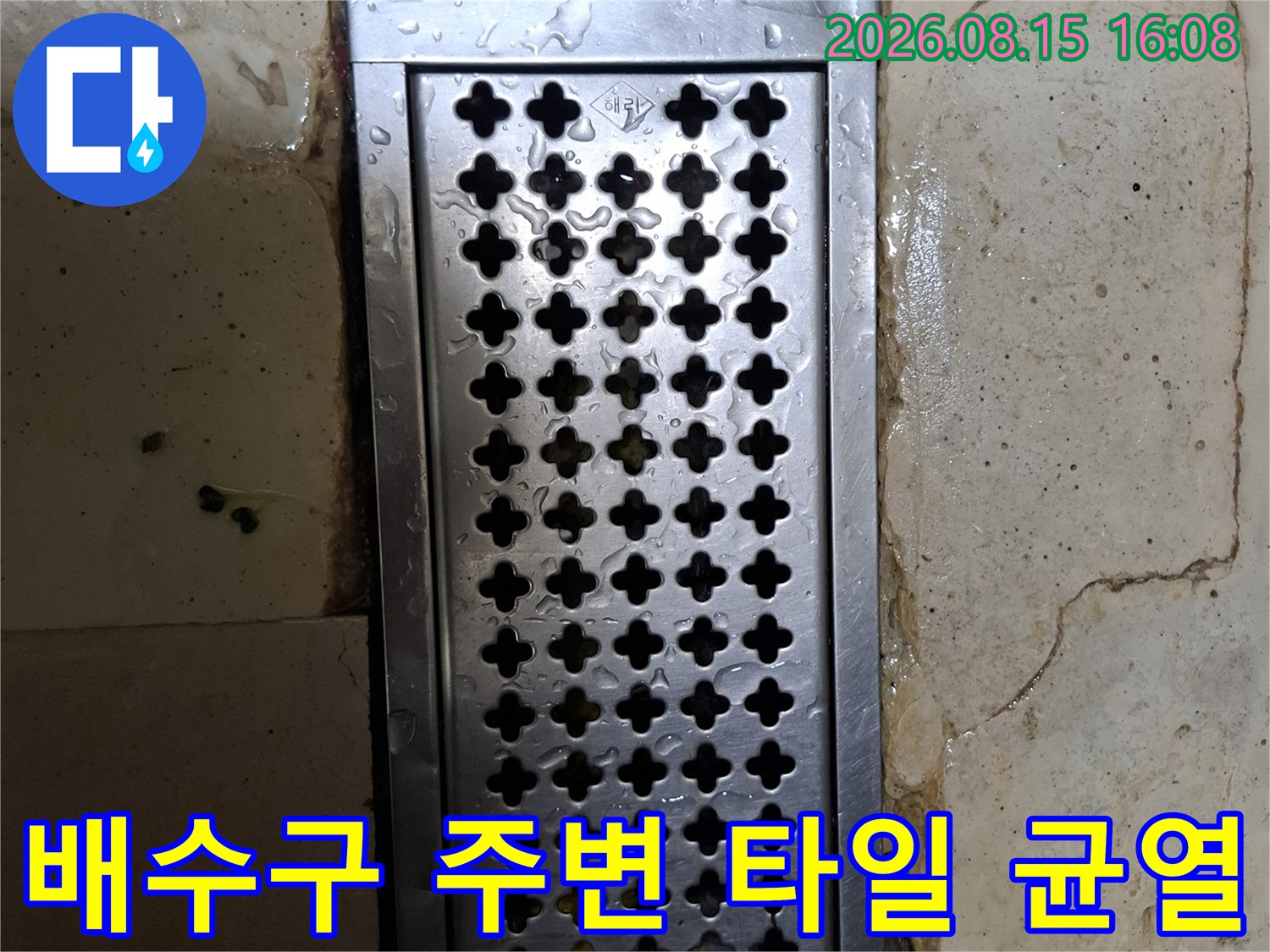주방 배수구-트렌치 주변 타일 틈새로 물이 스며드는 모습